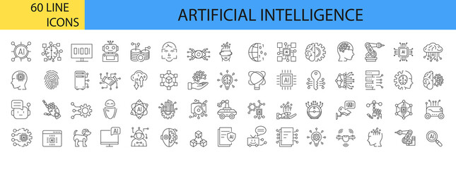 Artificial intelligence. Machine learning. 60 line icons set. Vector illustration. Editable stroke.
