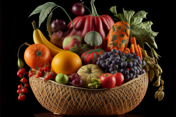 Organic food products. ripe vegetables and fruits in vase on black background. Tomatoes, beans, plums, pepper, raspberries, zucchini, pears and other food. High quality ai generated illustration