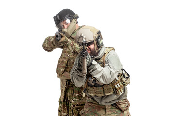 military special forces storm and attack special operations, two american soldiers in military equipment with weapons on a white background, airsoft concept