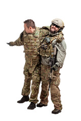 two soldiers in military uniform with weapons fight on a white background, special forces rescue a wounded comrade in the war