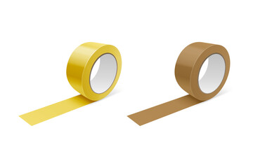 Vector 3d Realistic Glossy Yellow and Brown Tape Roll Icon Set, Mock-up Closeup Isolated on White Background. Design Template of Packaging Sticky Tape Roll or Adhesive Tape for Mockup. Front View