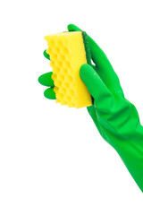 Woman hand holding yellow sponge for dish wash. Washcloth covered in soap. Domestic chores and supplies concept. Sensitive dishwashing detergent. Copy space in right side. Isolated on white