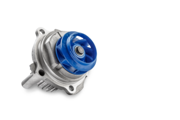 New metal automobile pump for cooling an engine water pump on a white background. The concept of new spare parts for the car engine
