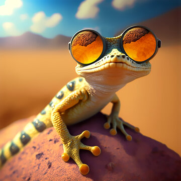 Cool lizard with sunglasses on a rock in the desert generative ai