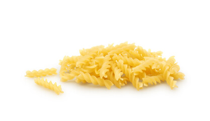 Uncooked spiral shaped pasta fusilli isolated on white background      