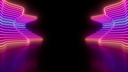 Sci Fy neon glowing wave lines in a dark hall. Reflections on the floor. Empty background in the center. 3d rendering image. Abstract glowing lines. Techology futuristic background.