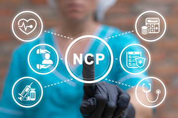 Nurse using virtual touchscreen presses abbreviation: NCP. Concept of NCP Nursing Care Plan.