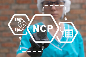 NCP Nursing Care Plan Medical Concept. Nurse using virtual touchscreen presses abbreviation: NCP. Long-term care.
