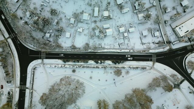 Flight above the winter snowy roads in Krakow, Poland.