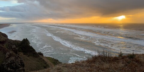 A panoramic View of sunset at Cape Desappointment, south Washington state coast at the mouth of the Columbia River