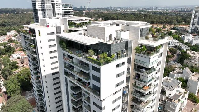 Aerial footage of residential towers in the city of Ramat Hasharon, Israel