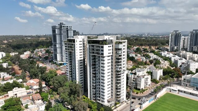 Aerial footage of residential towers in the city of Ramat Hasharon, Israel