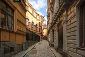 Narrow streets at the historic old city Gamlastan of Stockholm, sweden