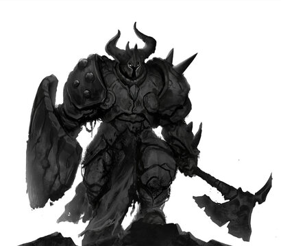 The great knight of undead in heavy worn armor with a shield and a tapar on a white background illustration of a sketch. A warrior on the battlefield of dark fentosi.