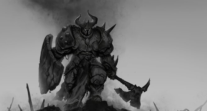 The great knight of undead in heavy worn armor with a shield and a tapar on a white background illustration of a sketch. A warrior on the battlefield of dark fentosi.