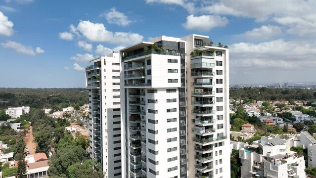 Aerial footage of residential towers in the city of Ramat Hasharon, Israel