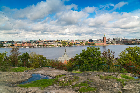 View of Stockholm from  Skinnarviksberget in summer with the townhall