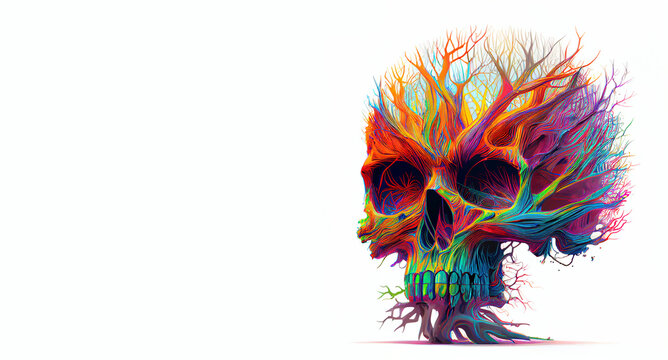 Fantasy skull intertwined with tree. AI generative.