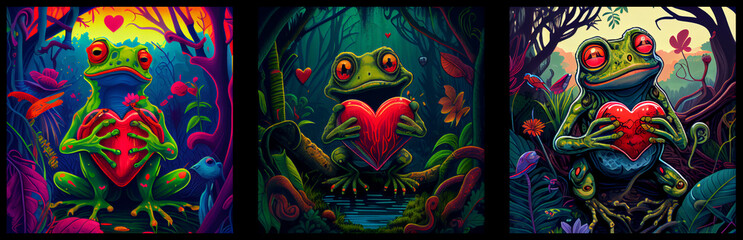 Fototapeta na wymiar Set of frogs with hearts in forest. AI generative.
