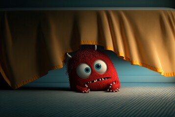  cute red monster who prying under a bed,generative ai - obrazy, fototapety, plakaty