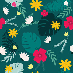 Seamless floral pattern with tropical, exotic palm leaves and flowers.