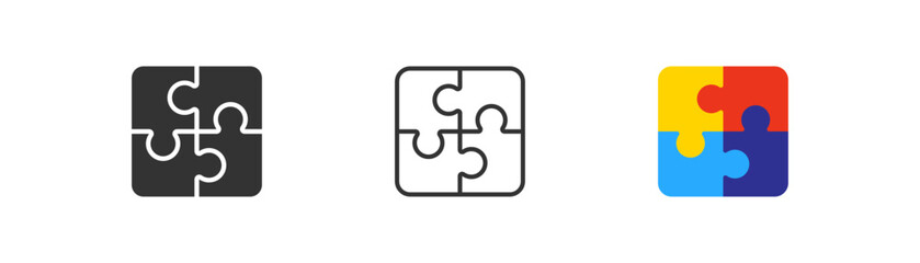 Complete puzzle with four parts icon. Teamwork, management symbol. Plugins sign. Logo template for website, ui, app. Complete data concept. Outline, flat, and colored style. Flat design.