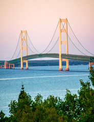Mackinac Bridge at sunrise dawn eastside Lake Huron