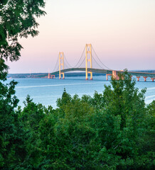 Mackinac Bridge at sunrise dawn eastside Lake Huron