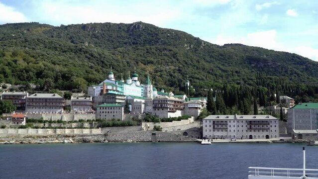 Panoramic view of Russian St. Panteleimon's Orthodox monastery at Mount Athos, Halkidiki, Greece
