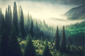Foto auf Leinwand A Foggy Mountainous Landscape Forested with Pine Trees, a Generative AI Image © Carl & Heidi