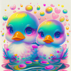Fototapeta premium Adorable ducklings with multicolored bubbles. AI generative.