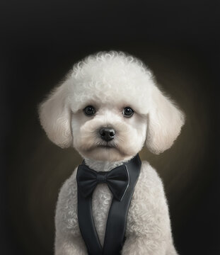 Cute white toy poodle puppy with dapper tuxedo black tie, is groomed well and ready for a tea party.  This is a small pet dog. Image was created by generative ai.	