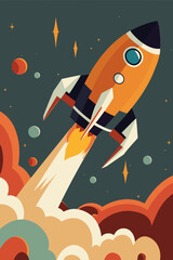 Space ship Rocket launch in the sky flying over clouds vector illustration