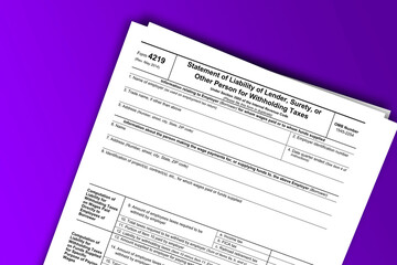 Fototapeta premium Form 4219 documentation published IRS USA 05.29.2014. American tax document on colored