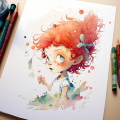 cute girl with red hair in cartoon