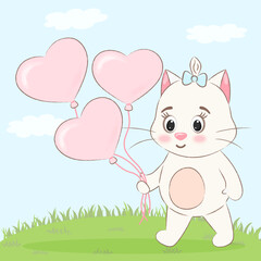 cute cat with heart balloons.  valentino's day
