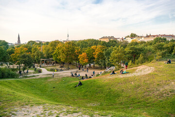 Fototapeta na wymiar Aerial of Görlitzer Park in Berlin at late afternoon in Autumn,