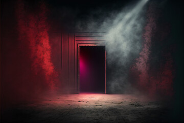 Fototapeta na wymiar The concrete floor and studio room with smoke, dark scene, red color