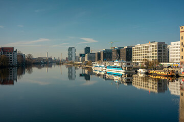 View of the skyline of eastside gallery on the Spree river in Berlin 