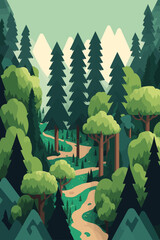 landscape green forest, pine trees in wilderness of a national park vector illustration - obrazy, fototapety, plakaty