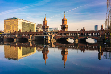Oberbaum Bridge in Berlin with reflection in Berlin, Germany