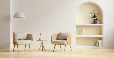 Living room interior wall mockup in warm tones with two armchair in cream color and white wall background. © Vanitjan