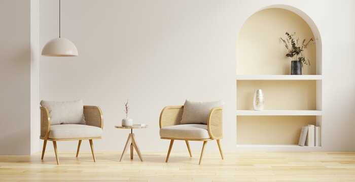 Living room interior wall mockup in warm tones with two armchair in cream color and white wall background.