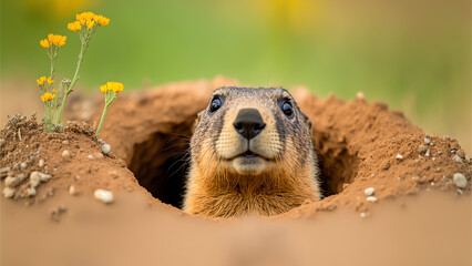 Groundhog Peeking out of Burrow Hole, Groundhog Day Concept, Social Media Banner, Generative AI