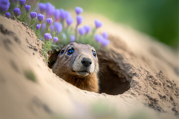 Groundhog Peeking out of Burrow Hole, Groundhog Day Concept, Social Media Banner, Generative AI