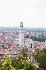 Beautiful view of the panorama of Verona and the Lamberti tower on the banks of the Adige River in Verona, Italy