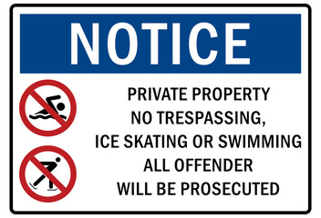 Fototapeta premium Ice warning sign and labels private property no trespassing, ice skating or swimming