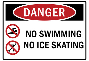 Ice warning sign and labels no swimming no ice skating