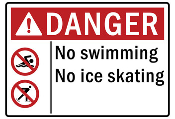 Ice warning sign and labels no swimming no ice skating