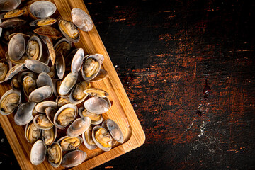 Vongole on a wooden cutting board. 